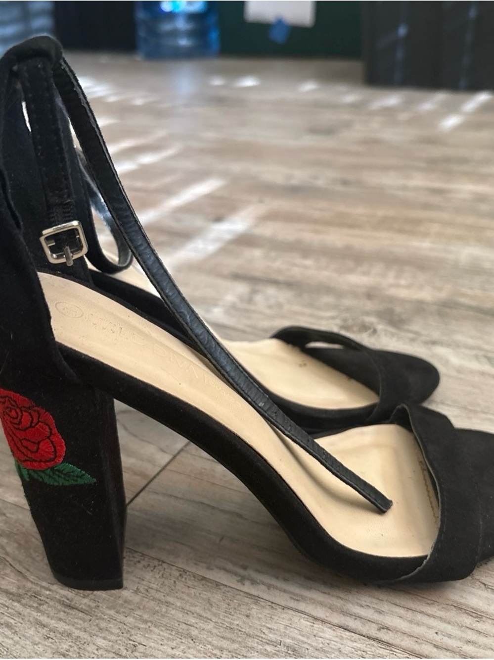 Wild Diva Black Suede Block Heels with Red Rose Accent